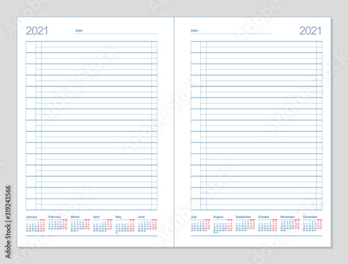 Datebook 2021. Diary 2021. Daily planner 2021. Template design office book to every day, calendar