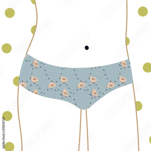 Outline Young girl in colorful panties . Lady wearing underwear. Clothes with Various prints. Hand drawn vector fashion illustration.