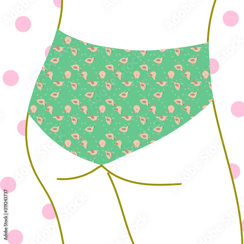 Outline young girl in colorful panties with birds on the polka dots background. Lady wearing underwear. Clothes with Various prints. Hand drawn vector fashion illustration.