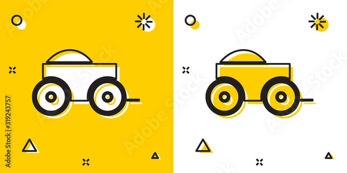 Black Wooden four-wheel cart with hay icon isolated on yellow and white background. Random dynamic shapes. Vector Illustration