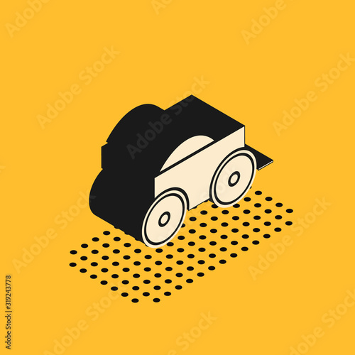 Isometric Wooden four-wheel cart with hay icon isolated on yellow background. Vector Illustration
