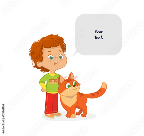 The Boy with the Pet Cat. Caring for domestic animals concept. School boy and his pet Red Cat and speech bubble with place for text isolated on white background.