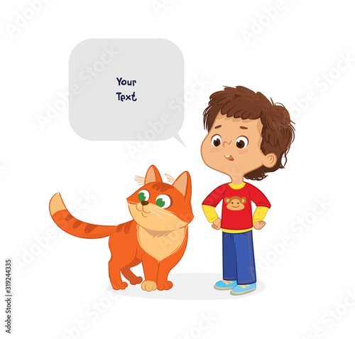The Boy with the Pet Cat. Caring for domestic animals concept. School boy and his pet Red Cat and speech bubble with place for text isolated on white background.