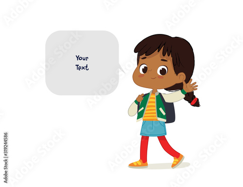 Vector illustration of the Latino Girl with the backpack goes to school. Preschool boy walks to the school. Dark Skin boy and speech bubble with place for text isolated on white background.