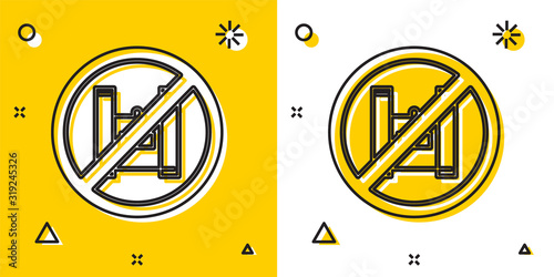 Black Say no to plastic bags poster icon isolated on yellow and white background. Disposable cellophane and polythene package prohibition sign. Random dynamic shapes. Vector Illustration