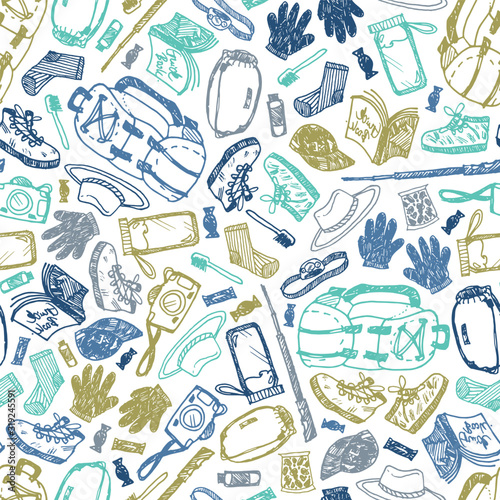 Vector white seamless doodle sketch pattern with objects for trekking and hiking. Suitable for textile, wallpaper and trekking brochures.