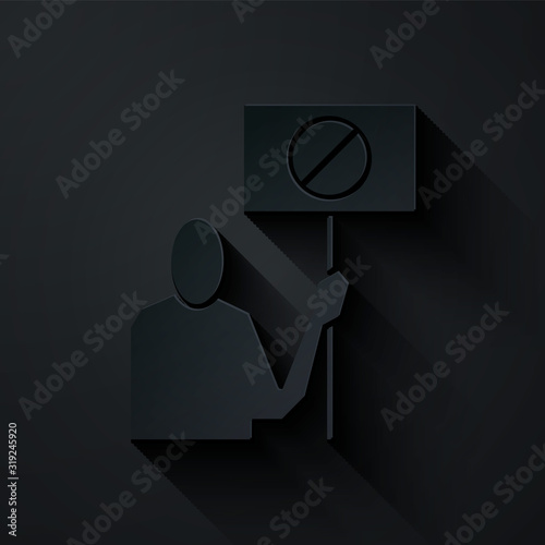 Paper cut Nature saving protest icon isolated on black background. Earth planet protection, environmental issues demonstration. Paper art style. Vector Illustration