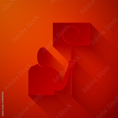 Paper cut Nature saving protest icon isolated on red background. Earth planet protection, environmental issues demonstration. Paper art style. Vector Illustration