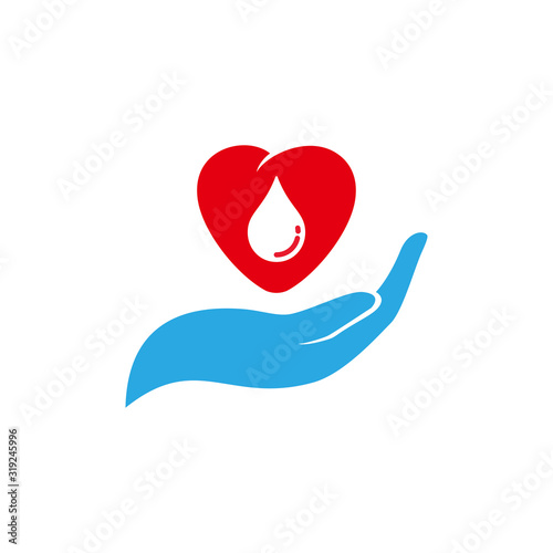 Red blood drop in hand isolated on white background. blood donor volunteer vector design