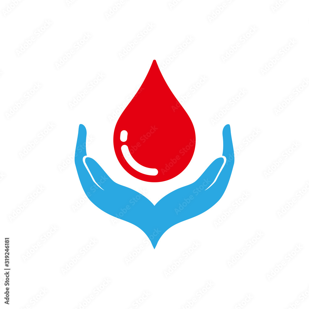 Obraz premium Red blood drop in hand isolated on white background. blood donor volunteer vector design