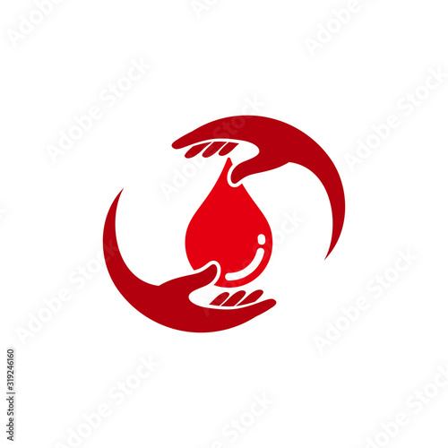 Red blood drop in hand isolated on white background. blood donor volunteer vector design
