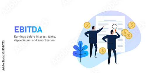 EBITDA Earnings before interest, tax, depreciation and amortization. Businessman looking at of financial statement or report photo