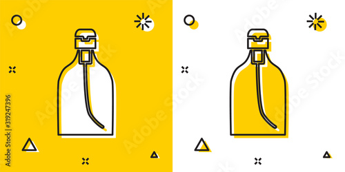 Black Bottle of liquid antibacterial soap with dispenser icon isolated on yellow and white background. Disinfection, hygiene, skin care. Random dynamic shapes. Vector Illustration