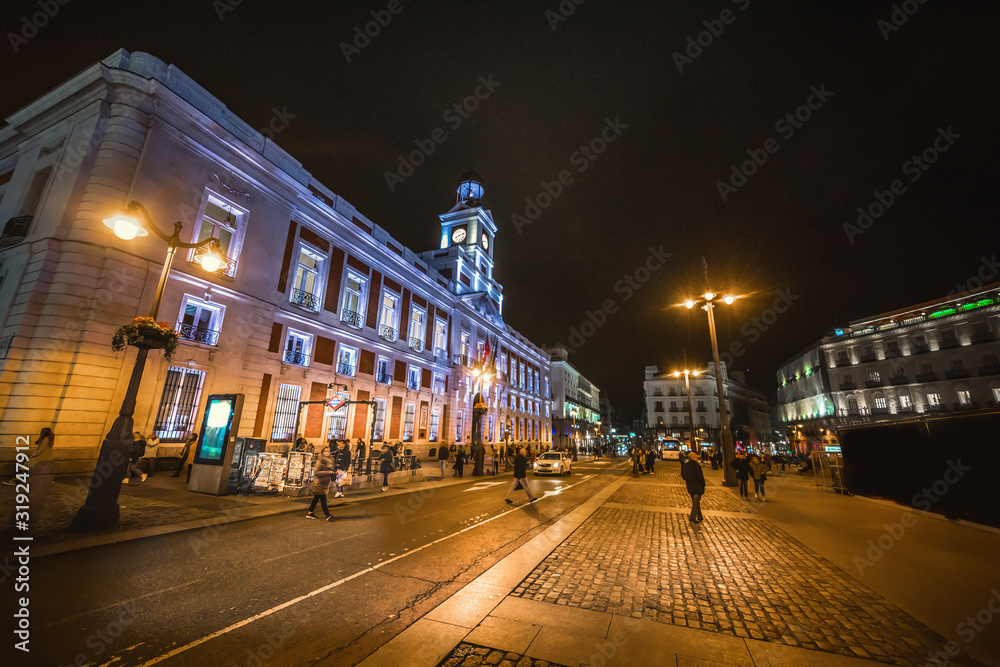 Puerta del Sol square in downtown Madrid at night