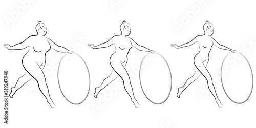 Collection. Silhouette of a cute lady, she is engaged in rhythmic gymnastics with a hoop. The woman is overweight and a slender girl athlete. Vector illustration set