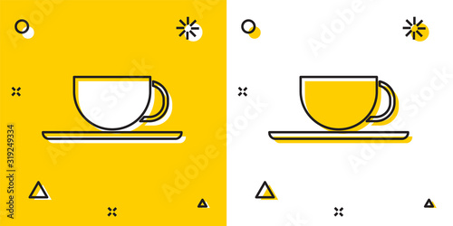 Black Coffee cup icon isolated on yellow and white background. Tea cup. Hot drink coffee. Random dynamic shapes. Vector Illustration