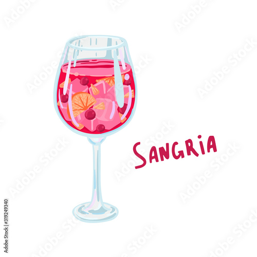 Sangria. Wine glass with red wine and fruit, spanish drink. Vector illustration