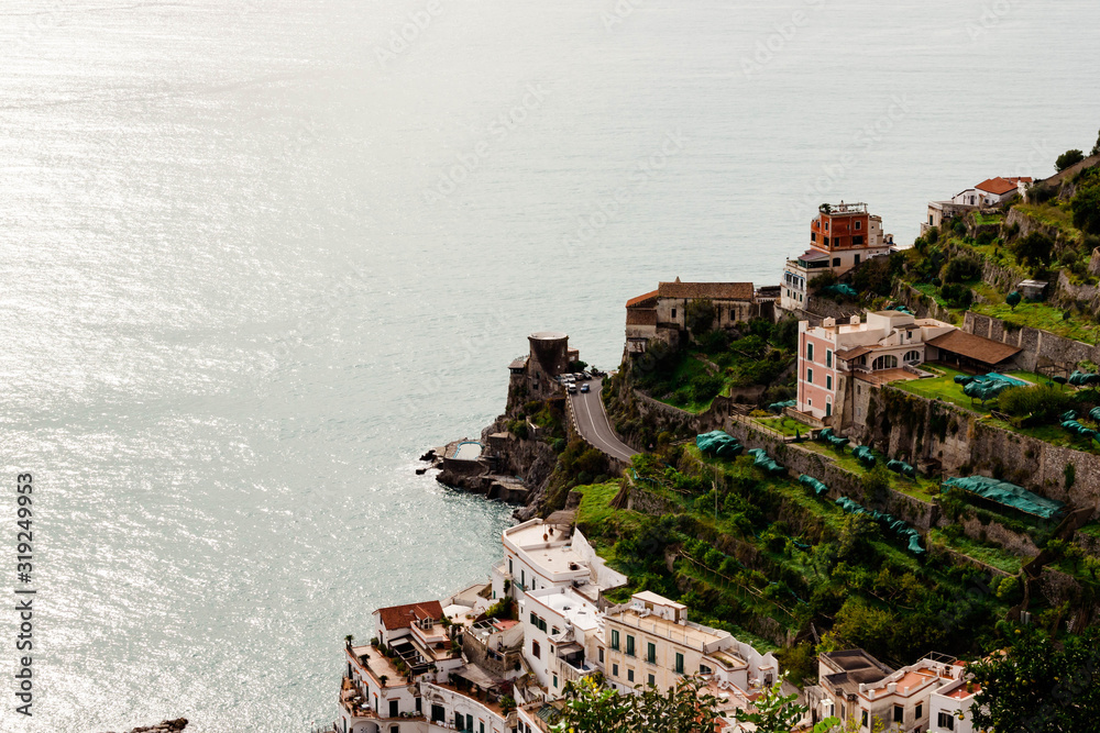 Beautiful aerial landscape view of Atrani from Ravello, Amalfi coast, Italy on natural background. Selective soft focus. Shallow depth of field. Text copy space.