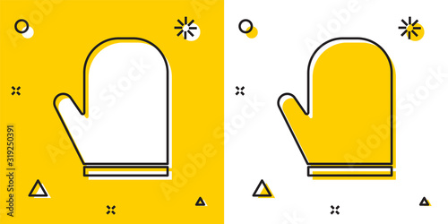 Black Oven glove icon isolated on yellow and white background. Kitchen potholder sign. Cooking glove. Random dynamic shapes. Vector Illustration