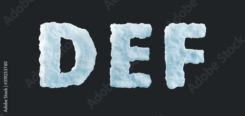 Snow letters D E F uppercase. 3D render of snowy font isolated on dark black background. photo