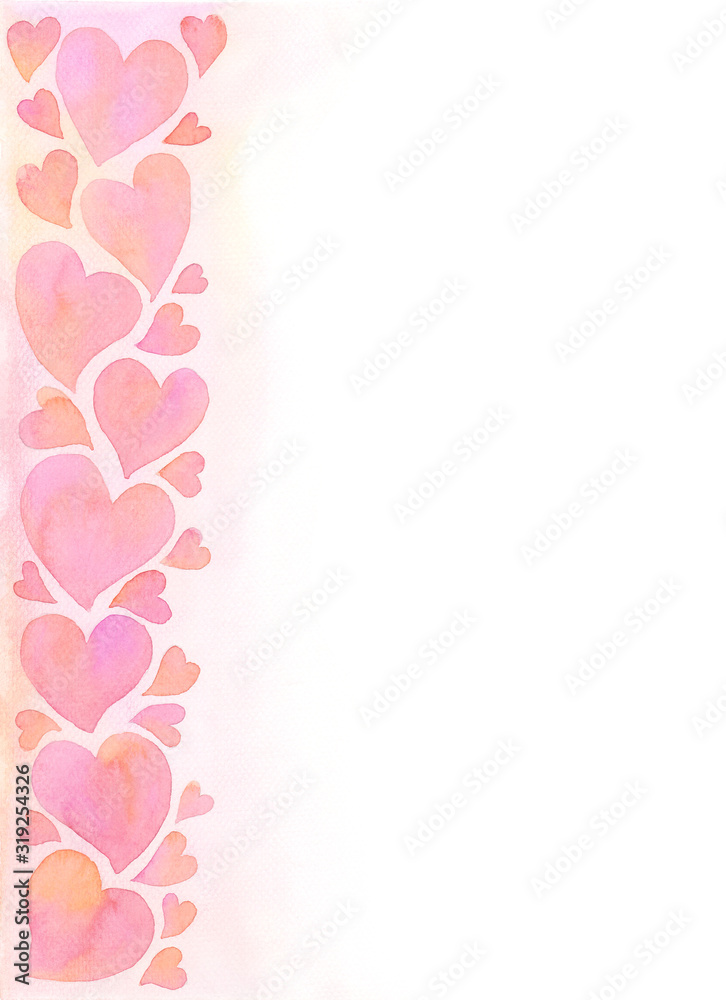 Romantic sweet charming pink hearts background. Watercolor hand painting illustration. Design element for wallpaper, packaging, banner, poster, flyer.