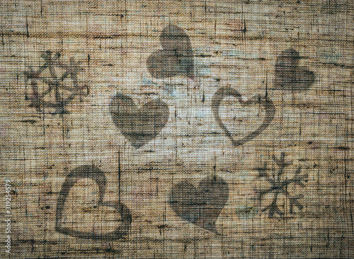 Romantic hearts. Linen fabric and background for a card for Valentine's Day
