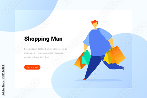 Man walking running with Shopping bags Flat vector illustration. Landing Page design template