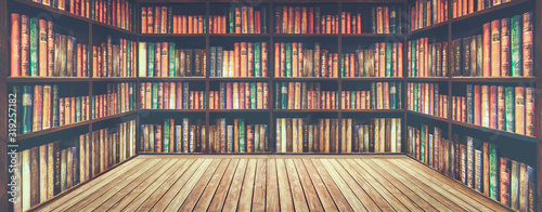 Fotografia, Obraz blurred bookshelf Many old books in a book shop or library