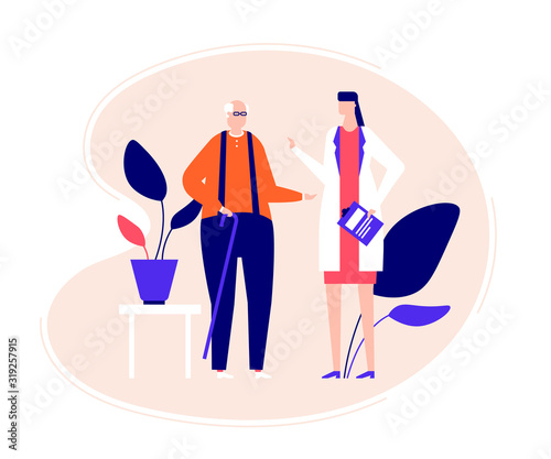Old man visiting hospital flat vector illustration