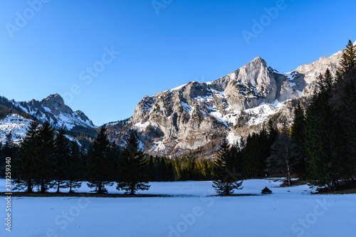 "Hochschwab" mountain range, the mount "Zinken" and a forest in a winter landscape in Styria, Austria