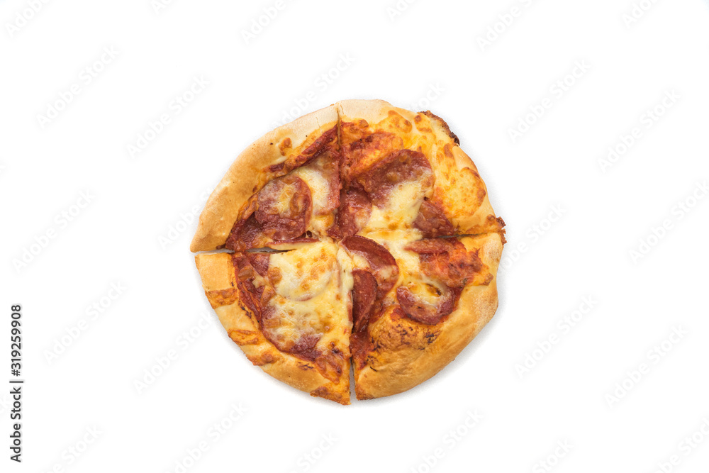 Personal size Beef Pepperoni Pizza isolated over wite background. Personal size Beef Pepperoni Pizza isolated over wite background.