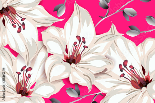Botanical template design, pink lily flowers and leaves on pink background, vintage style. Vector illustration.