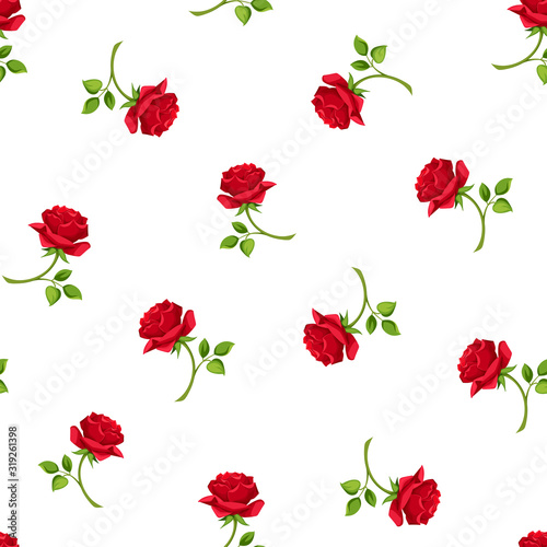 Vector seamless pattern with red rose flowers on a white background.