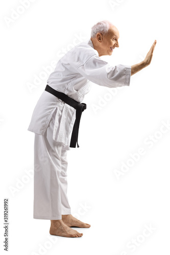 Senior karate master gesturing high five