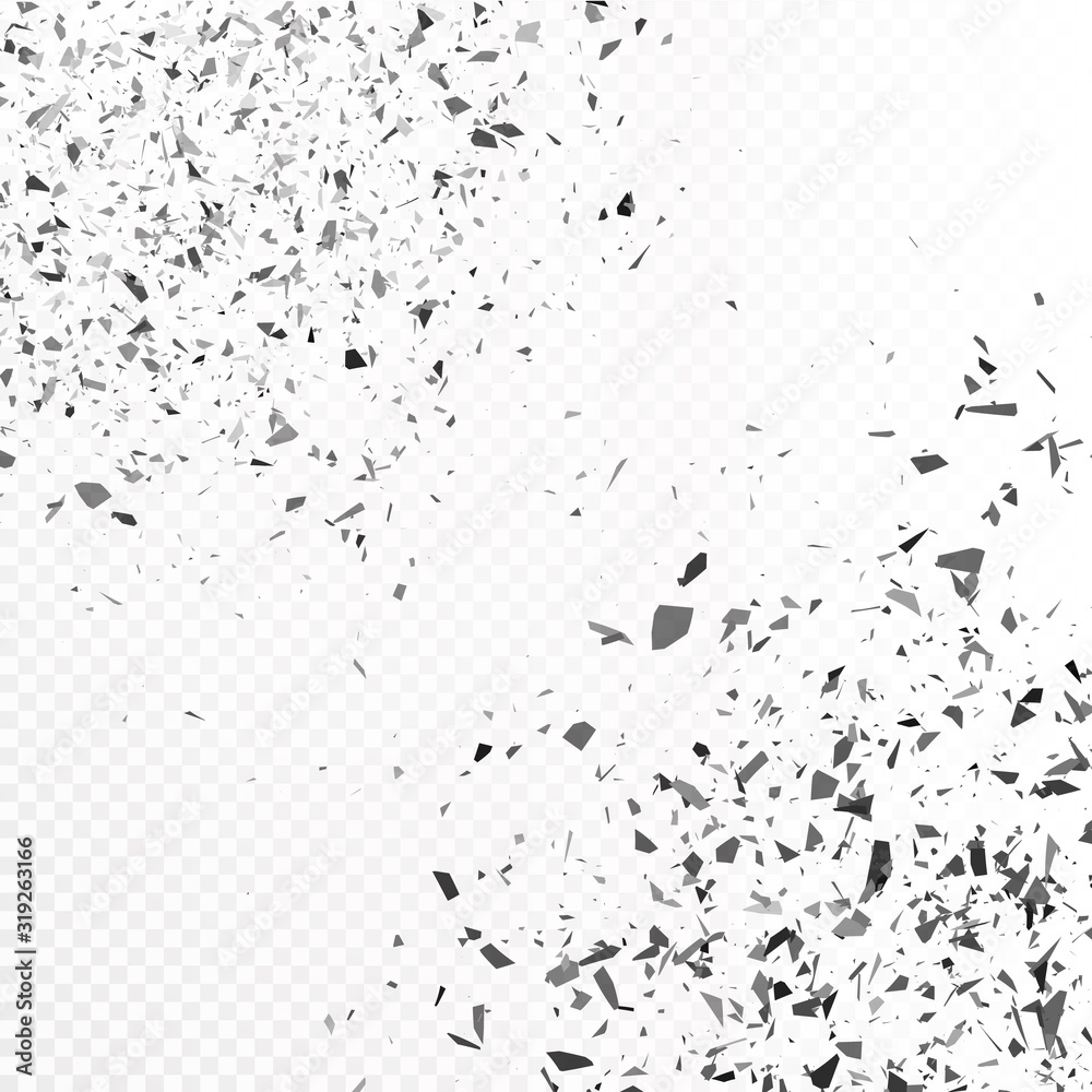 Vector glass explosion isolated on white transparent background. Many black sharp pieces randomly flying in the air. Vector glass explosion concept. Black glass pieces on white.