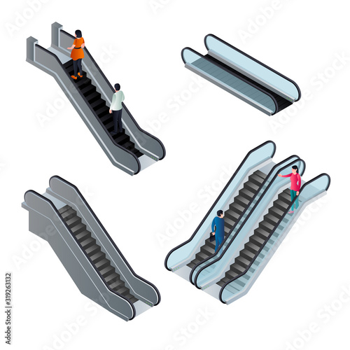Escalator icons set. Isometric set of escalator vector icons for web design isolated on white background