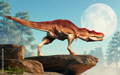 Tarbosaurus was a carnivorous theropod dinosaur, a type of tyrannosaur, it lived during the Cretaceous in Mongolia. Here shown on a cliff by the moon. 3D Rendering. © Daniel Eskridge