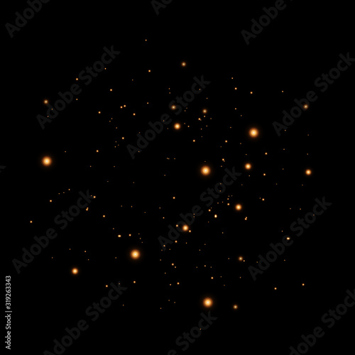 he dust sparks and golden stars shine with special light. Vector sparkles on a transparent background. Christmas light effect. Sparkling magical dust particles.