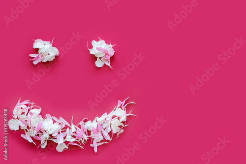 Fototapeta Naklejka Na Ścianę i Meble -  Smile laid out on a pink background of flower petals
