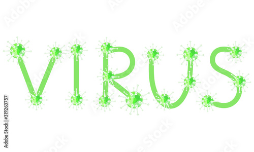 Virus. Epidemic. Coronavirus. Pathogenic microorganism. Inscription in green letters with the molecules of the virus. Vector stock illustration.
