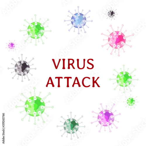 Virus attack. Coronavirus. Flu epidemic. Atypical pneumonia. Image of multi-colored poisonous bacteria on a white background. Vector stock illustration.