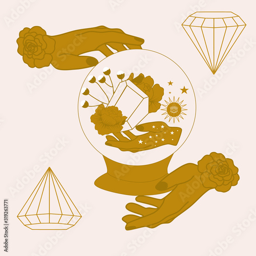 hands, crystal globe and diamonds, vector illustration