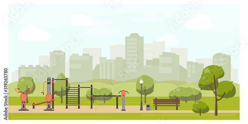 Urban park landscape flat illustration with street workout zone. Sport playground, outdoor gym equipment. Stock vector.
