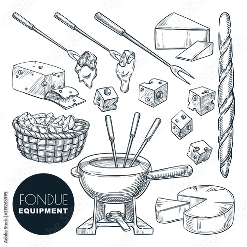 Cheese fondue ingredients and equipment. Vector hand drawn sketch illustration. Culinary recipes or menu design elements