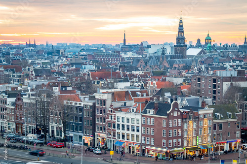 Golden winter sunset overlooking the Amsterdam Netherlands skyline