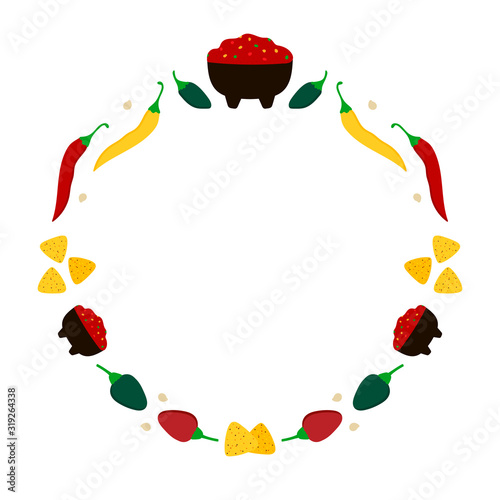 Vector round frame with mexican food, salsa bowls and chili peppers.