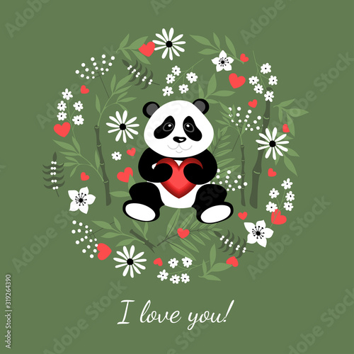 Fototapeta Naklejka Na Ścianę i Meble -  Little panda in love holds a heart. Illustration for children decorated with plant elements and hearts.