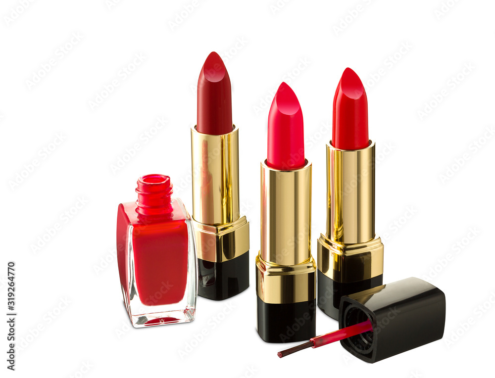 Beautiful red lipsticks and red nail polish isolated on white background Beautiful red lipsticks and red nail polish isolated on white background