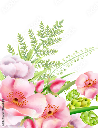 Watercolor peony flowers with artichoke and green leaves. Spring vectors