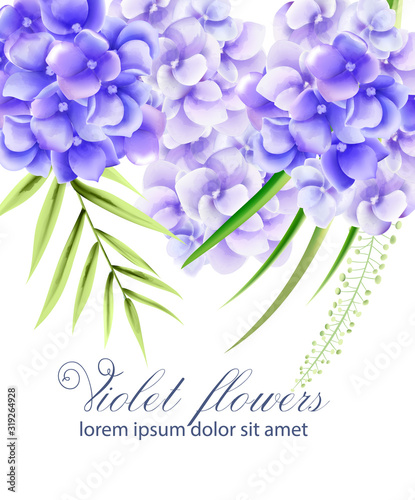 Watercolor vibrant violet flowers with green leaves